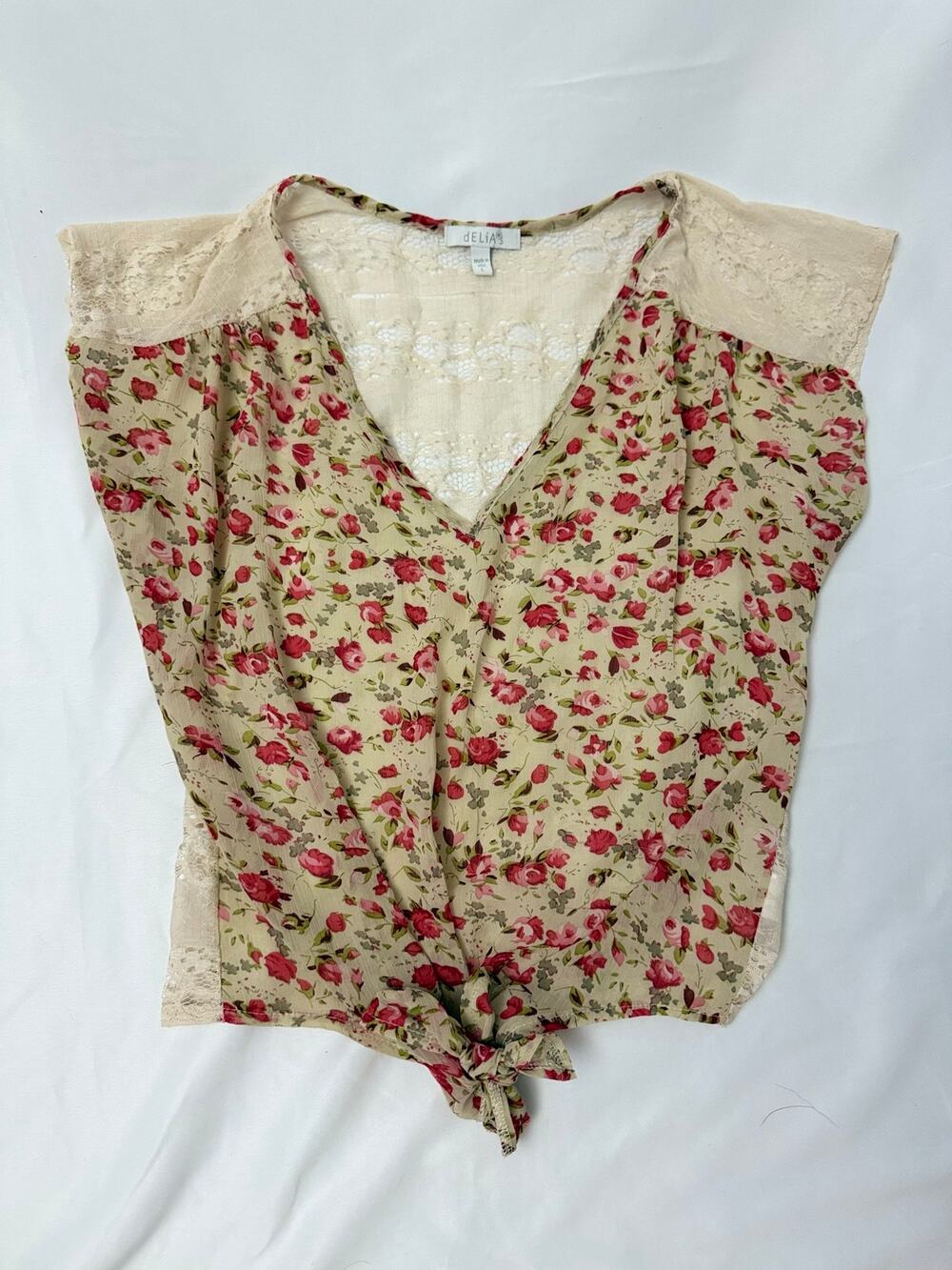 Vintage 90s dELiA*s Rose Floral Lace Tie-Front Blouse Large Made USA